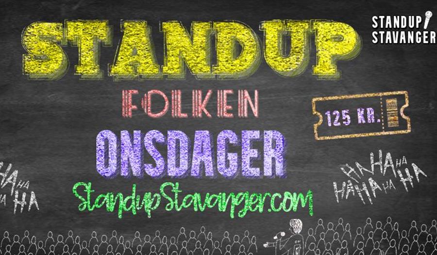 Annonse om Standup på onsdager med svart bakgrunn og tegnet folkemengder