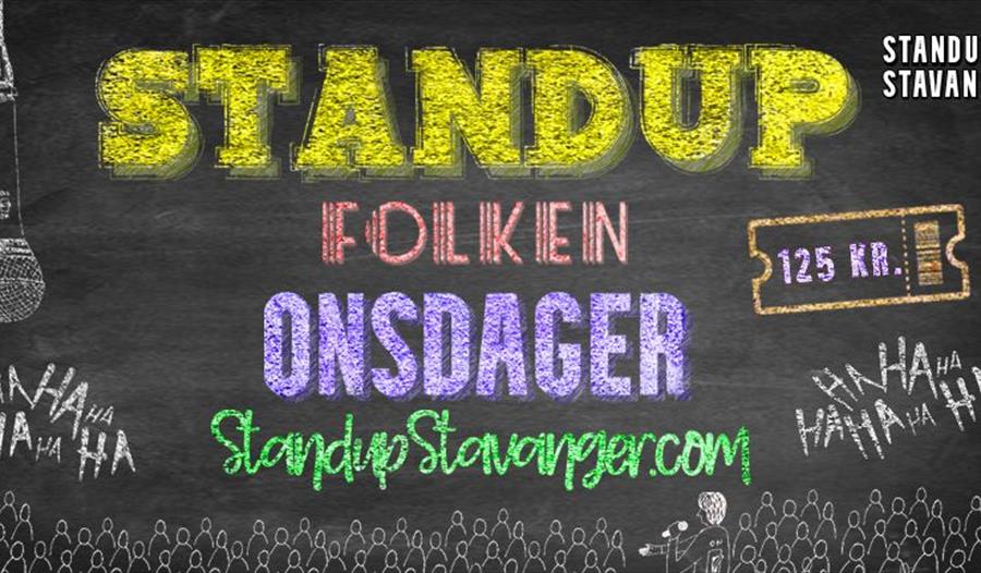 Standup Folken Onsdager skrevet på annonse med bildet av mikrofon og billett