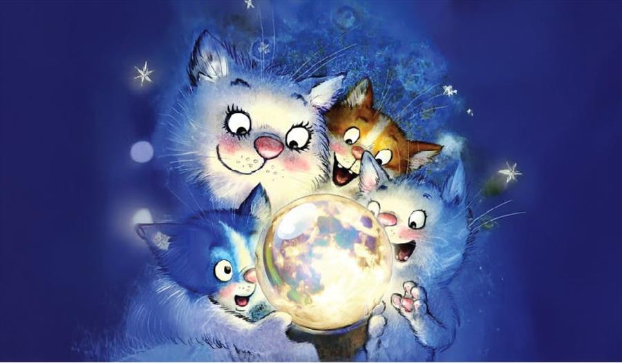 Fire tegnede katter holder en globus.