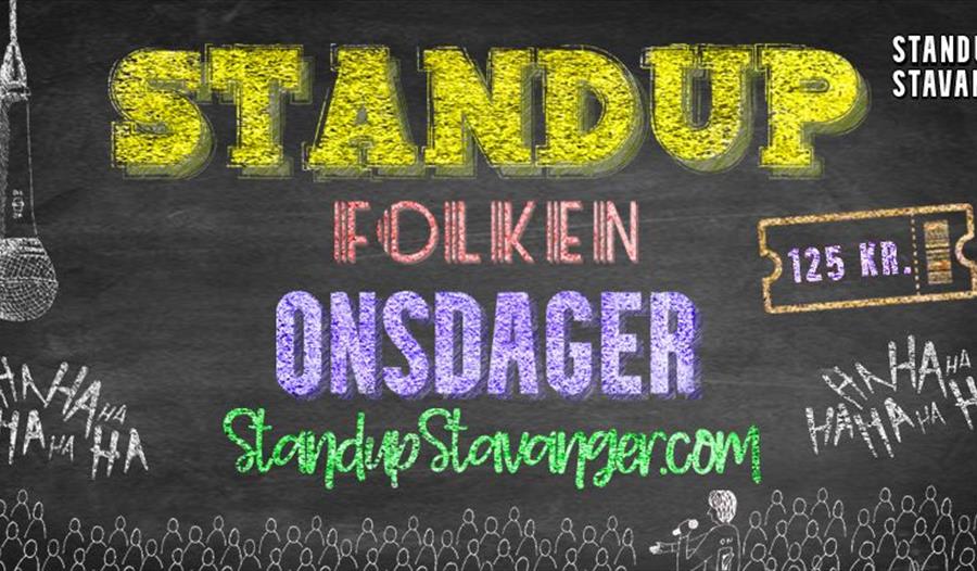 Standup Folken Onsdager skrevet på svart bakgrunn med bilder av mikrofon og billletr