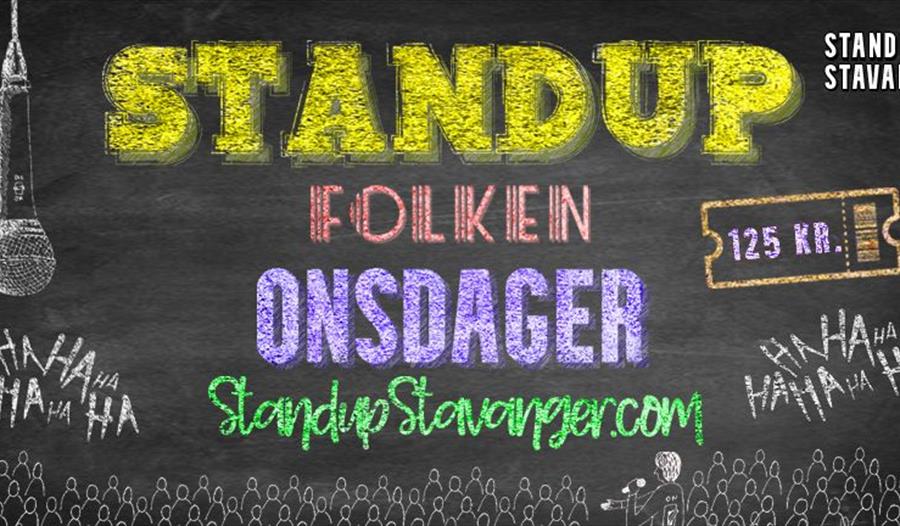 Standup Folken Onsdager skrevet på annonse med bildet av mikrofon og billett