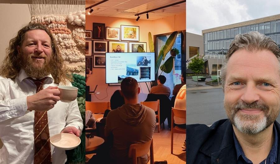 Odin Nøsen med en kopp kaffe. Foredrag på en kafé.