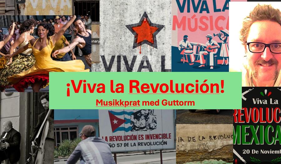 Plakat med ulike bilder av fest med ¡Viva la Revolución! skrevet på