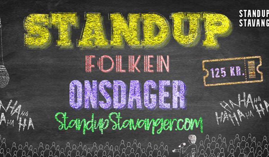 Annonse om Standup på onsdager med svart bakgrunn og en mikrofon
