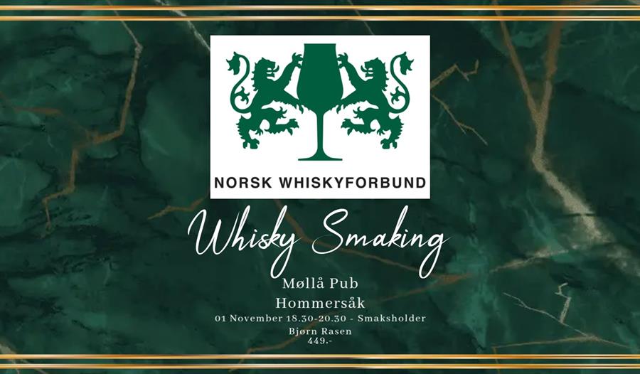 Annonse på grønn bakgrunn med merke av Norsk Whiskyforbund