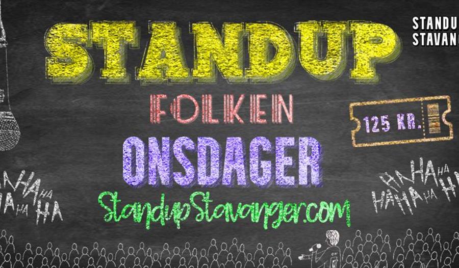 Annonse om Standup på onsdager med svart bakgrunn og mikrofonen