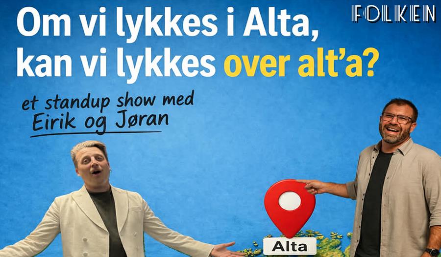 Bilde av Eirik og Jøran som poserer ved en kart pin som peker u Alta.