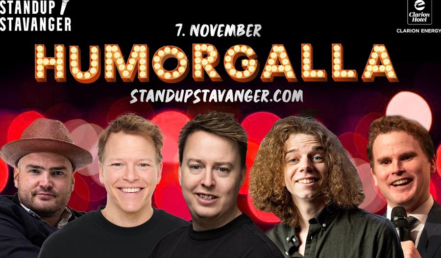 Annonse om HumorGalla med bilder av komikerne