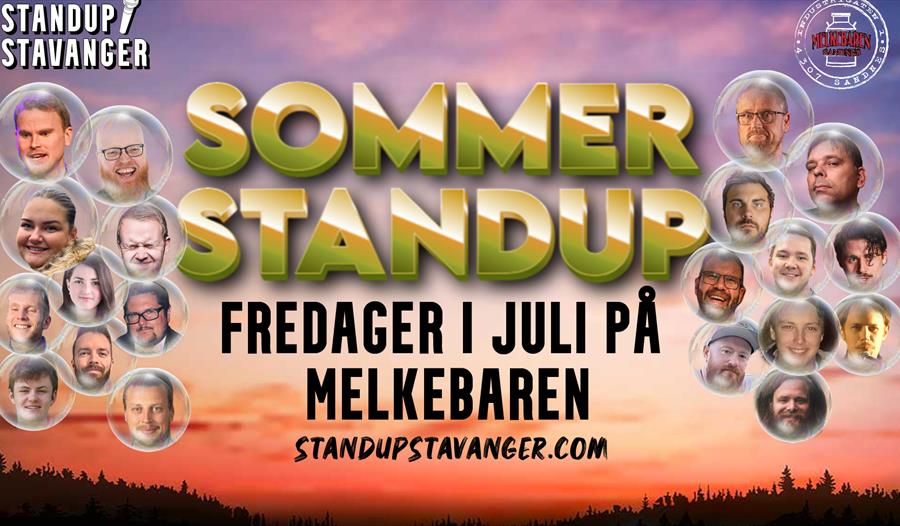 Annonse om standup med bilder av komikere