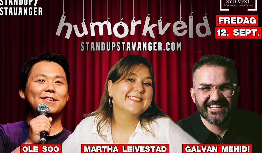 Tre komikere som deltar i humorkveld:  Ole Soo, Martha Leivestad, Galvan Mehidi