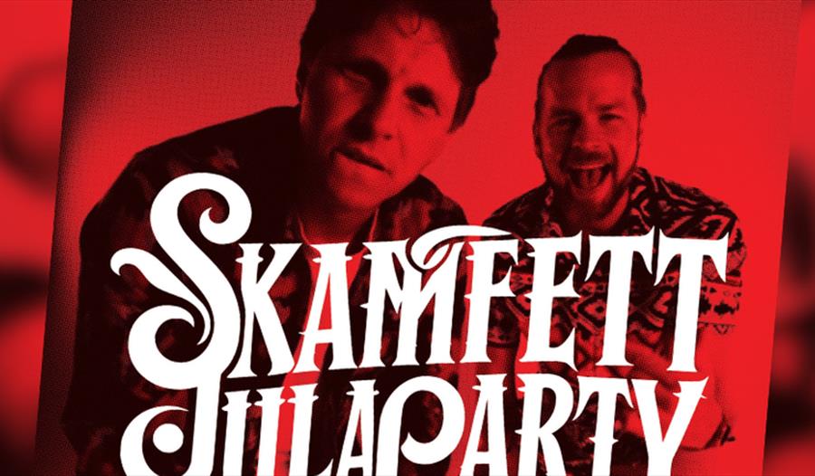 Annonse om Skamfett julaparty med to figurer på rød bakgrunn