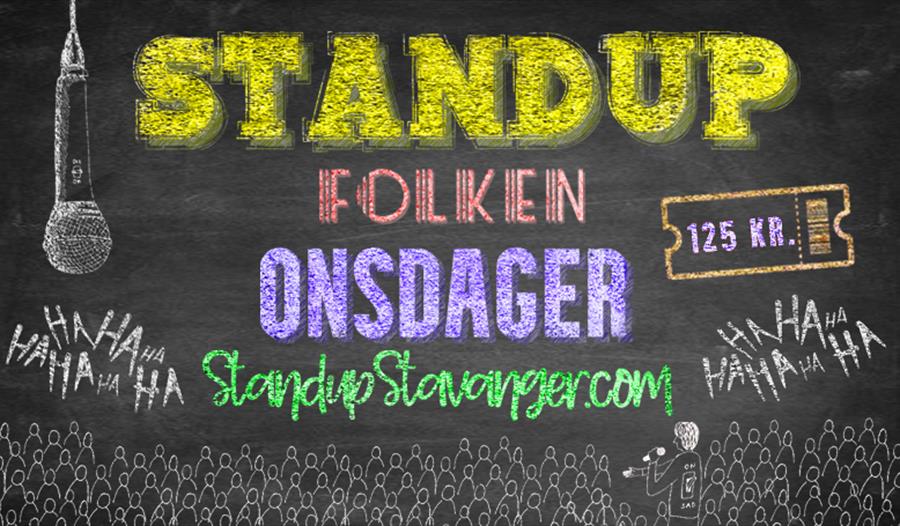 Annonse med stor mikrofon og Standup Onsdager skrevet på