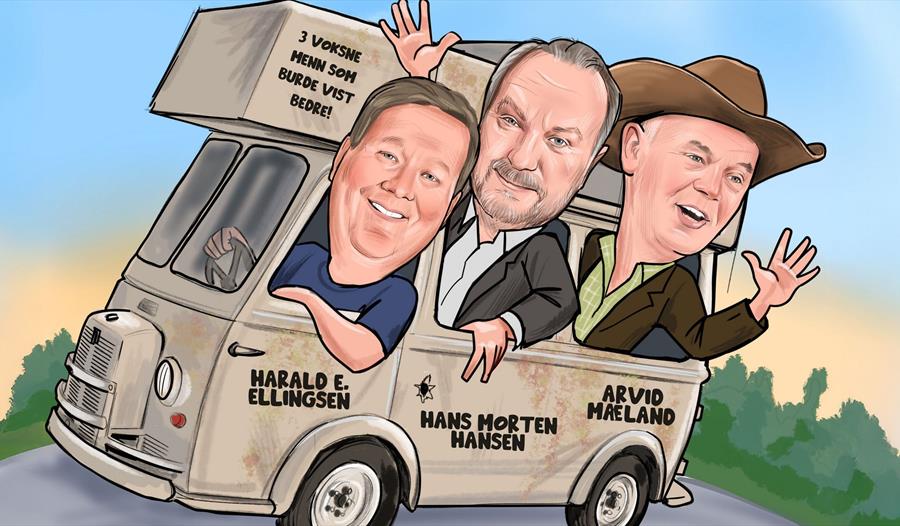 Tre komikere fra podkasten sitter i bilen -  Hans Morten Hansen, Arvid Mæland, Harald Eide Ellingsen