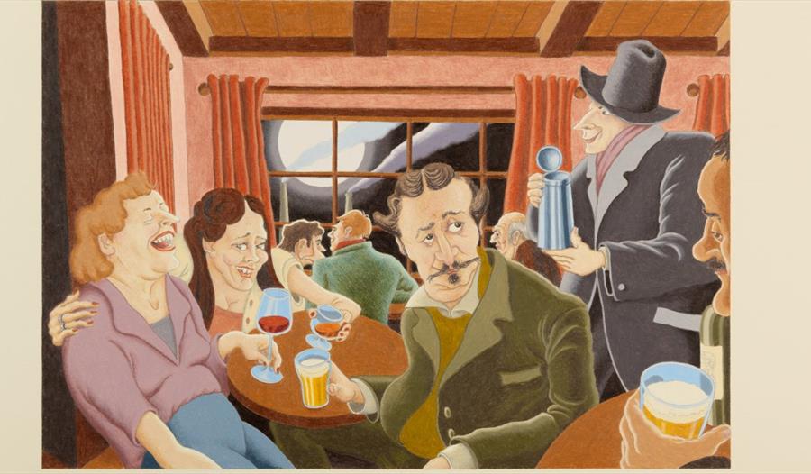 Tegning aved folk som sitter i baren