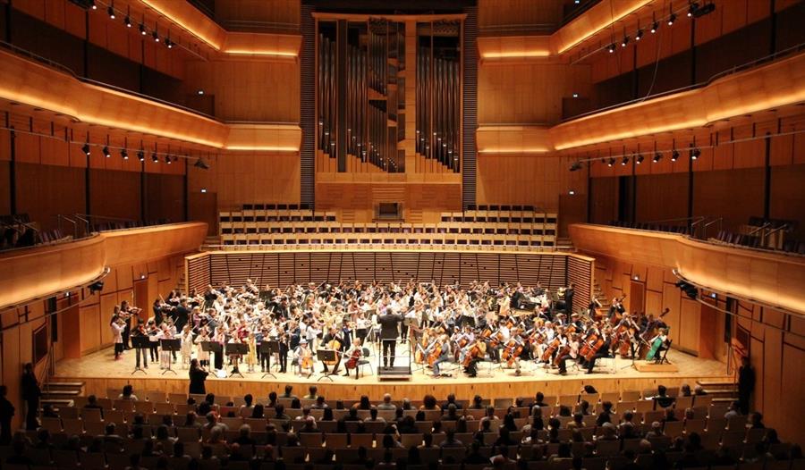 Barn og ungdommer som spiller orkesterinstrumenter på scenen