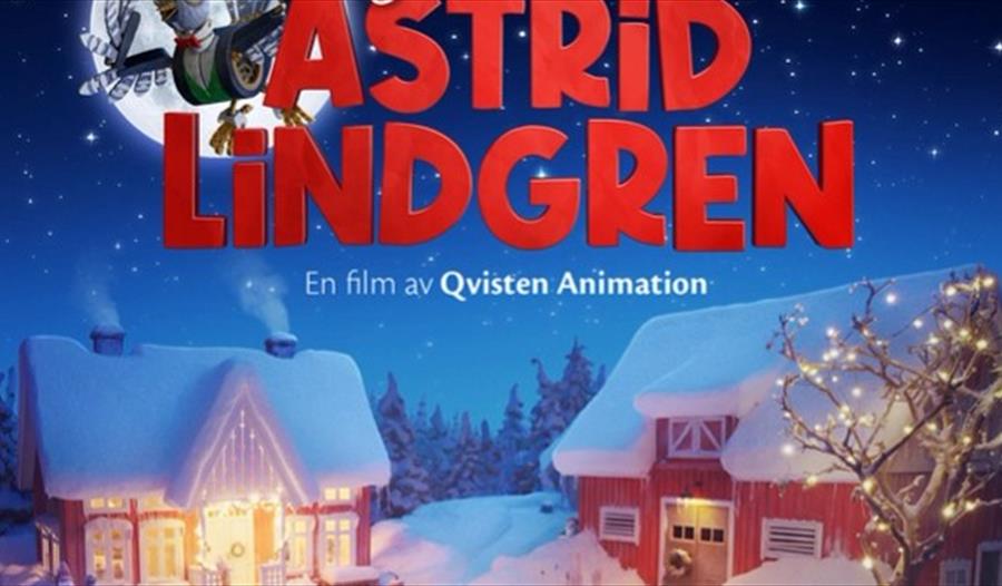 To trehus med snø og Astrid Lindgren skrevet på