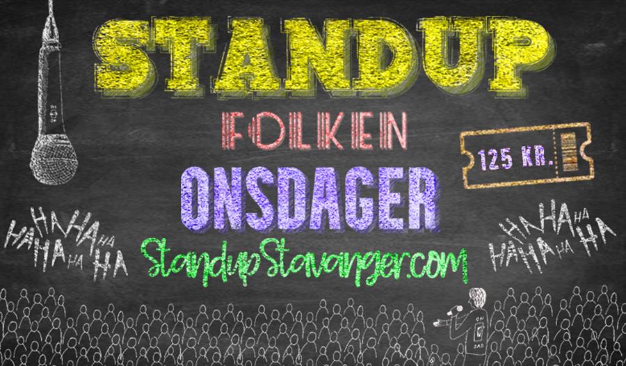 Annonse om Standup i Folken på svart bakgrunn