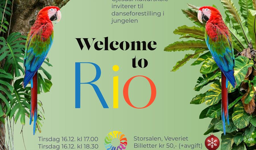 Annonse for danseforestilling med to papegøyer på begge sider