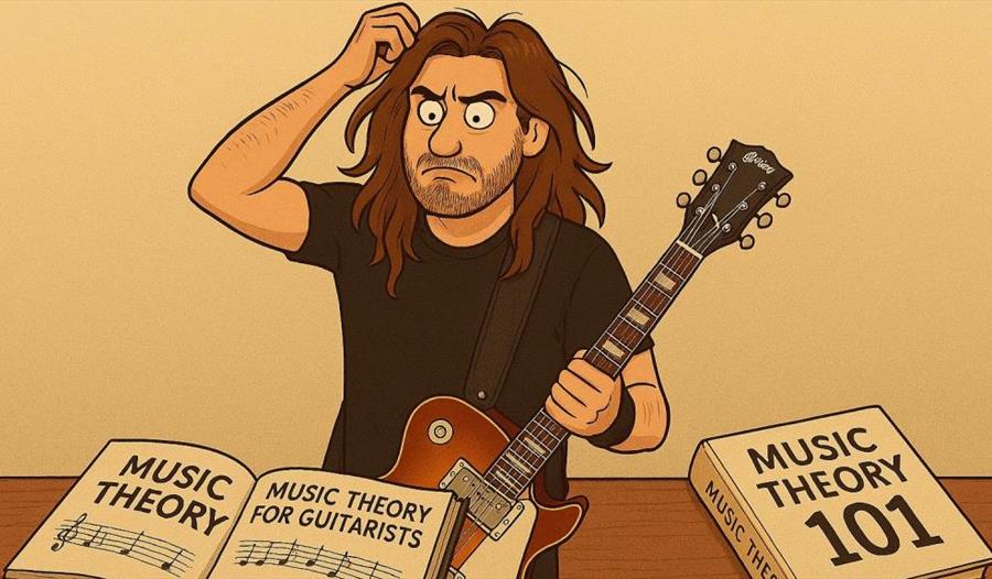 Gitarist klør seg i hodet men han leser om musikk teori.