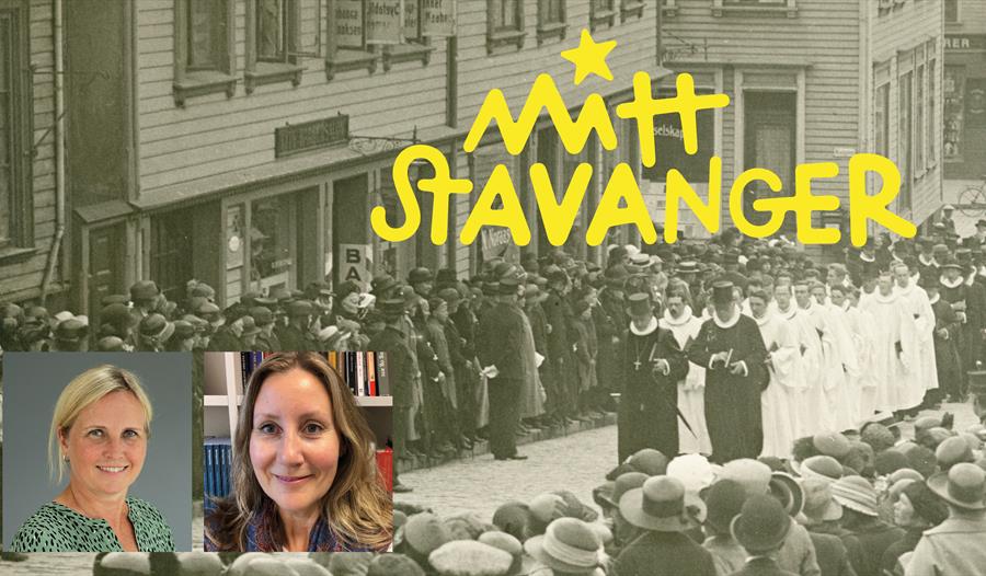 Stavanger med misjonsprester og folkemengder som ser på dem, og bilder av to forelesere: Kristin Fjelde Tjelle og Silje Dragsund.