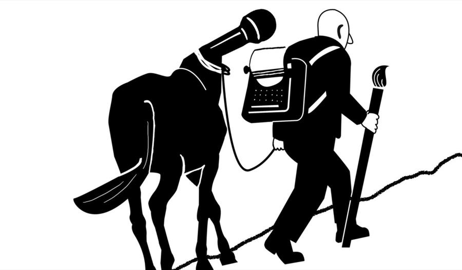 En mann med en stor pensel leder en hest med en mikrofon i stedet for et hode