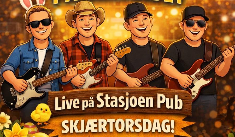 Påskebandet spiller gitar og skrevet Live på Stasjoen Pub SKJÆRTORSDAG