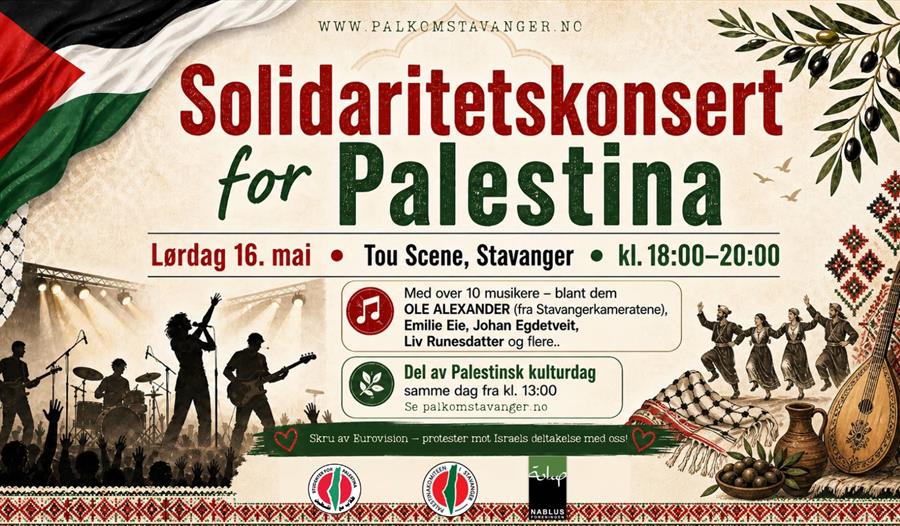 Annonse om konserten med band på scenen og dansere