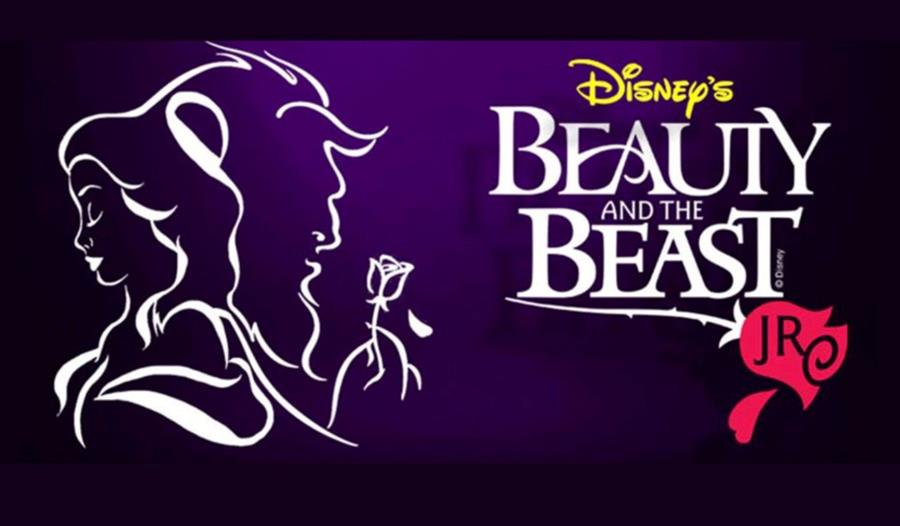 Annonse med grafisk bildet av Skjønnheten og udyret og Beauty og the Beast jr. skrevet på