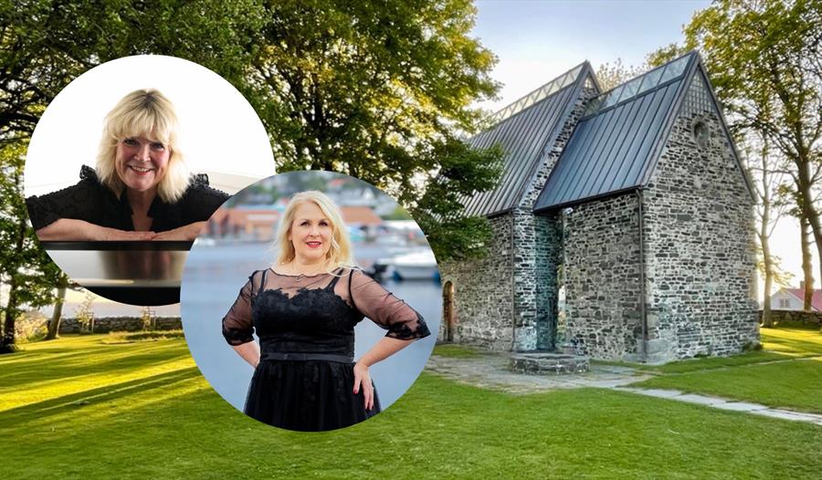 Bilder av Marit Kristine Risnes og Mari-Anne Sagland med Sola ruinkirke som bakgrunn