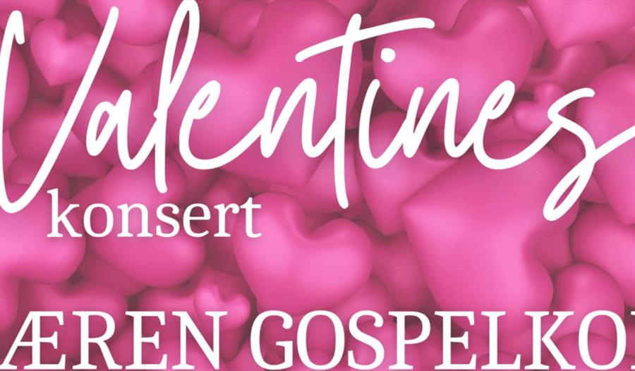 Valentineskonsert med Jæren Gospelkor skrevet på rosa hjerter