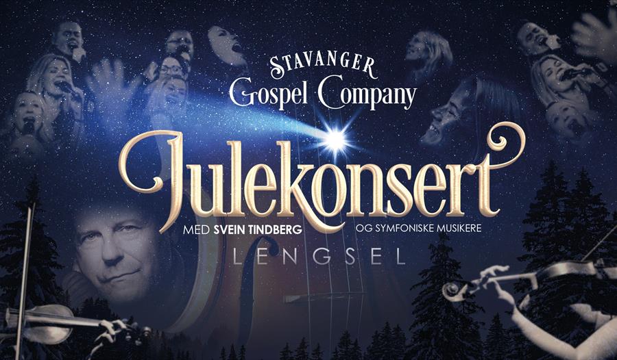 Annonse om julekonsert med musikanter og kor som bakgrunn