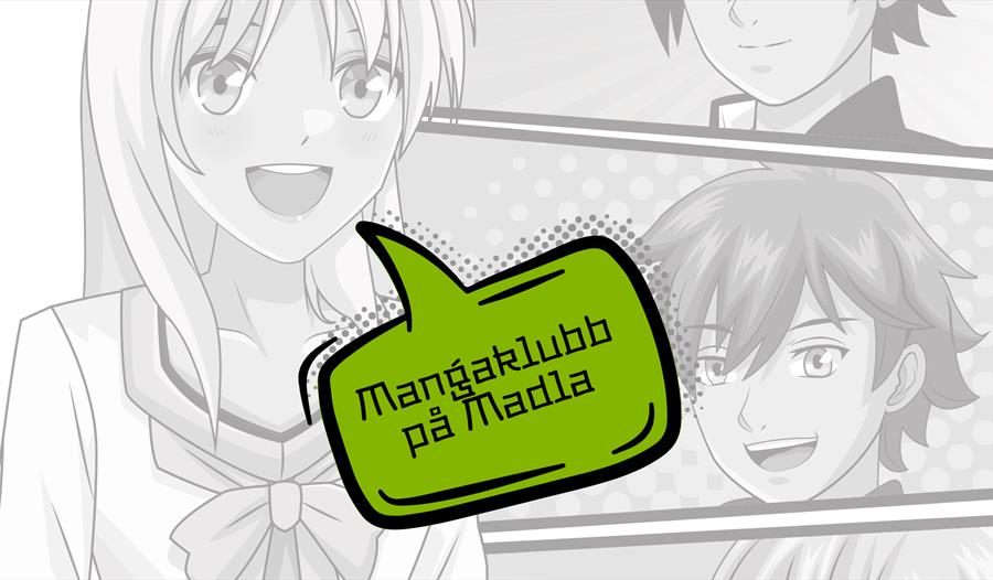 Helter fra japanske tegneserier med "Mangaklibb på Madla" skrevet på