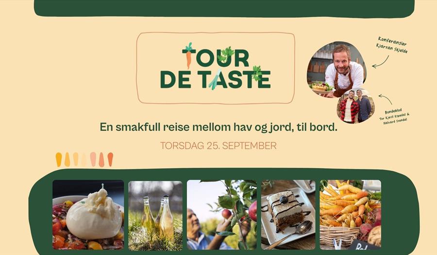 Annonse om Tour de Taste med bilder grønnsaker, olje og kake