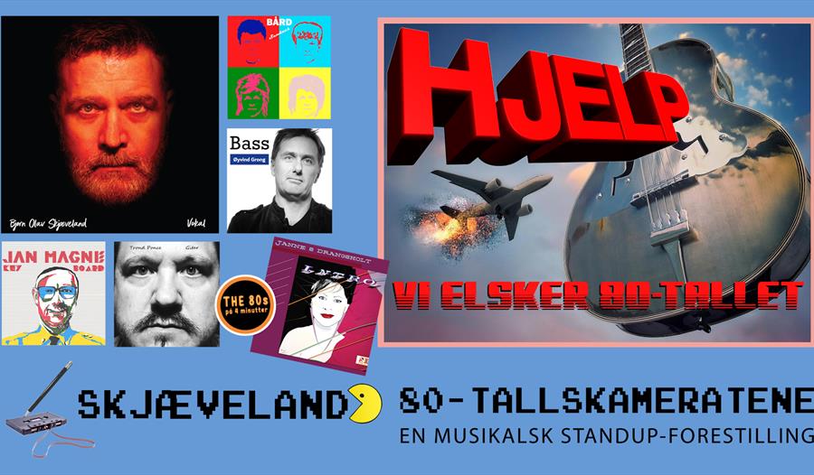 Plakat med artister, gitar og brennende fly