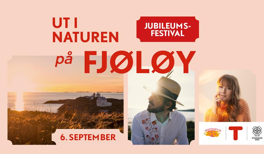 Annonse for festivalen Ut i naturen på Fjøløy, 6. september med Thomas Dubdahl, Inger Lise Hope og utsikt over Fjøløy
