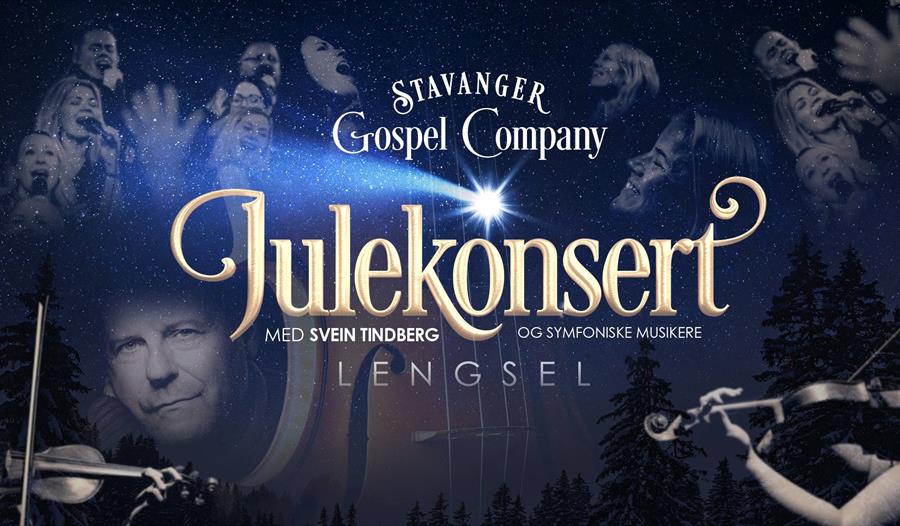Annonse om julekonsert med musikanter og kor som bakgrunn