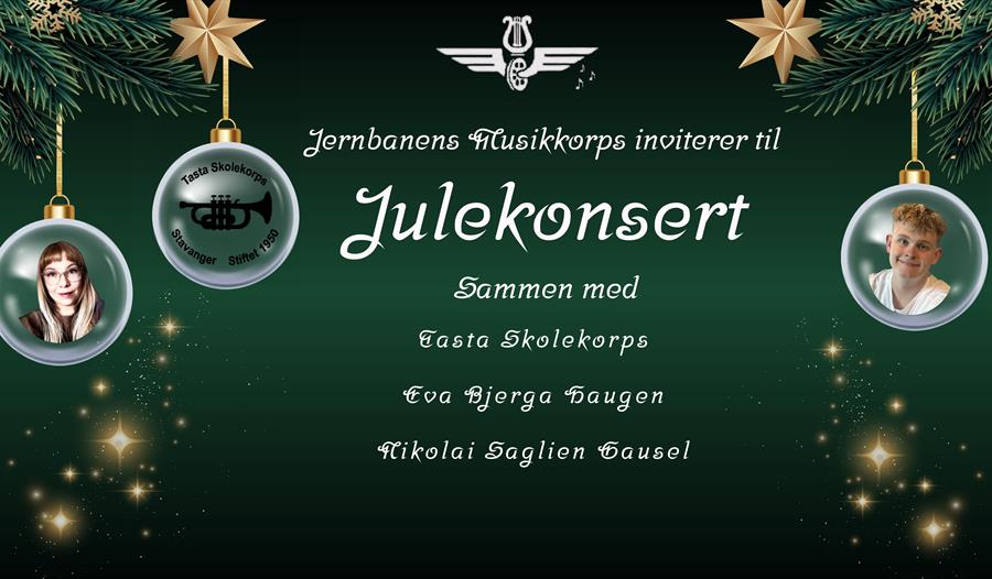 Annonse om julekonsert på grønn bakgrunn med julekuler og stjerner