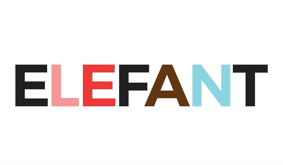 ELEFANT skrevet på hvit bakgrunn