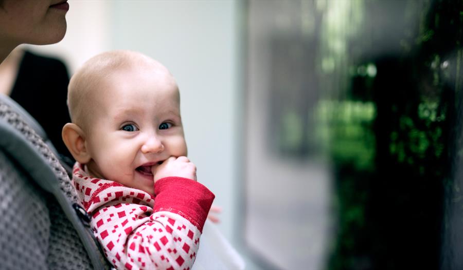 Ei kvinne med baby på baby utstilling