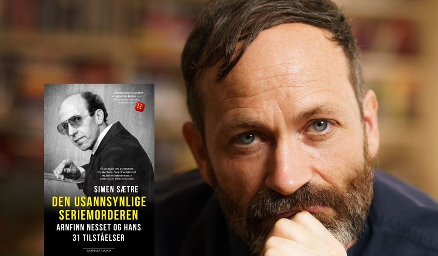 Bildet av Simen Sætre med hans bok  "Den usannsynlige seriemorderen"
