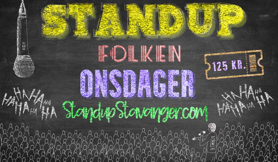 Annonse om standup med mikrofonen, billett og tegnet publikum