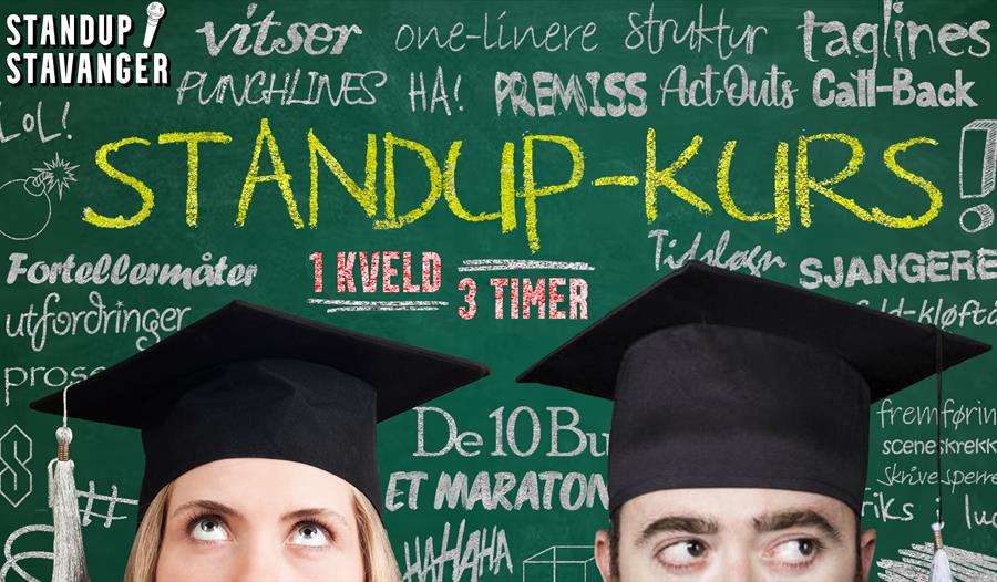 Reklame for et kurs med en tavle som bakgrunn og to studentansikter