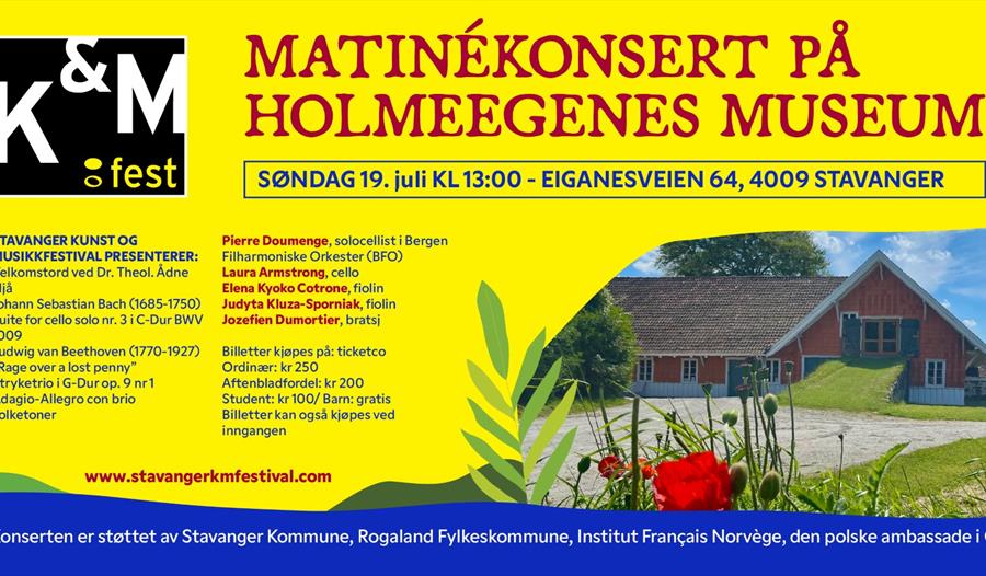Annonse om konserten med program og medvirkende. Bildet av Holmeegenes Museum
