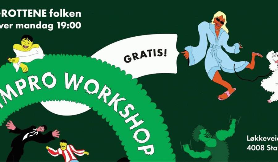 Impro workshop annonse med morsomme figurer