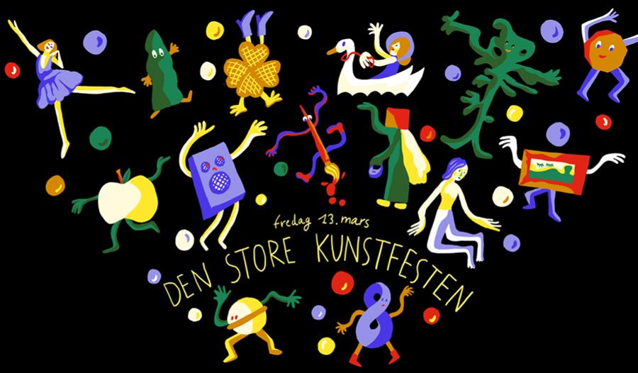 Plakat med forskjellige fargerike symboler på svart bakgrunn