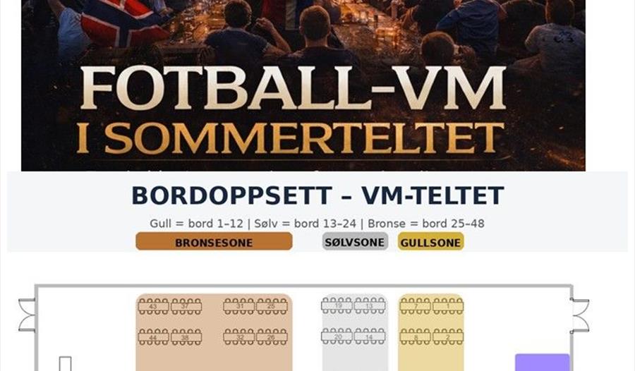 Publikum i et stort telt som ser på storskjerm, med et norsk flagg i bakgrunnen.