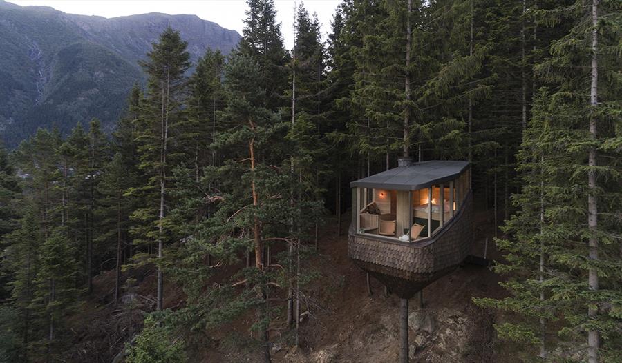 Ei moderne tretopphytte frå Woodnest i Odda, Hardanger, omgitt av tett skog og mektige fjell.