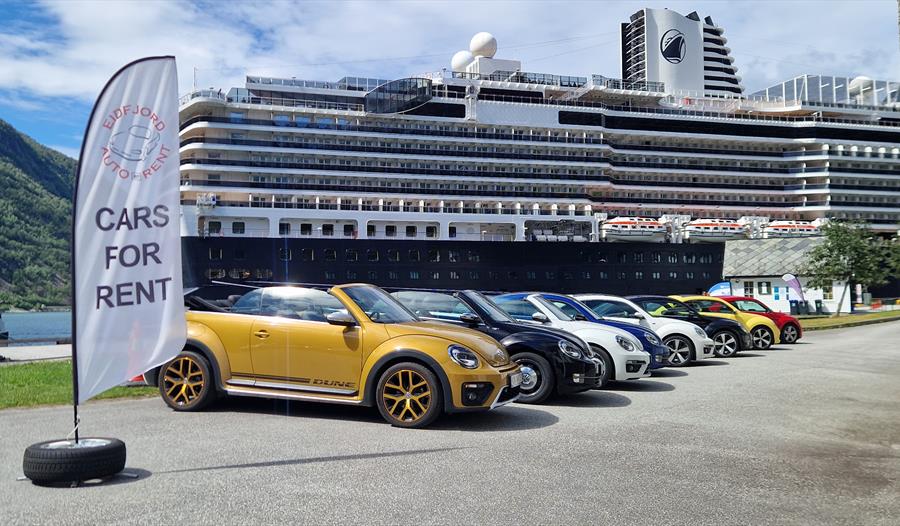 Et utvalg av VolksWagen boble leigebiler foran et cruiseskip.