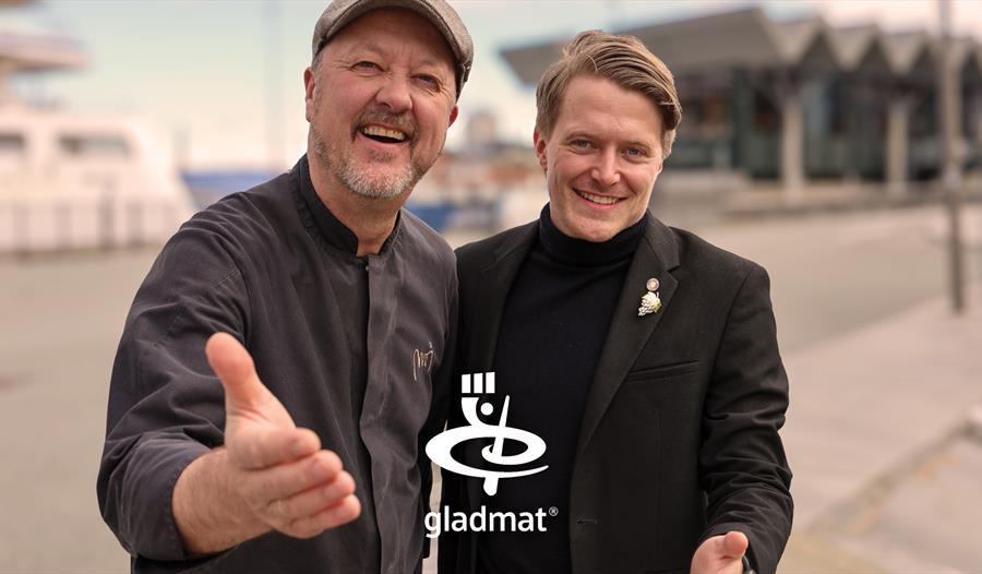 Trond Moi og Thor Oddvar Havn med logo av Gladmat