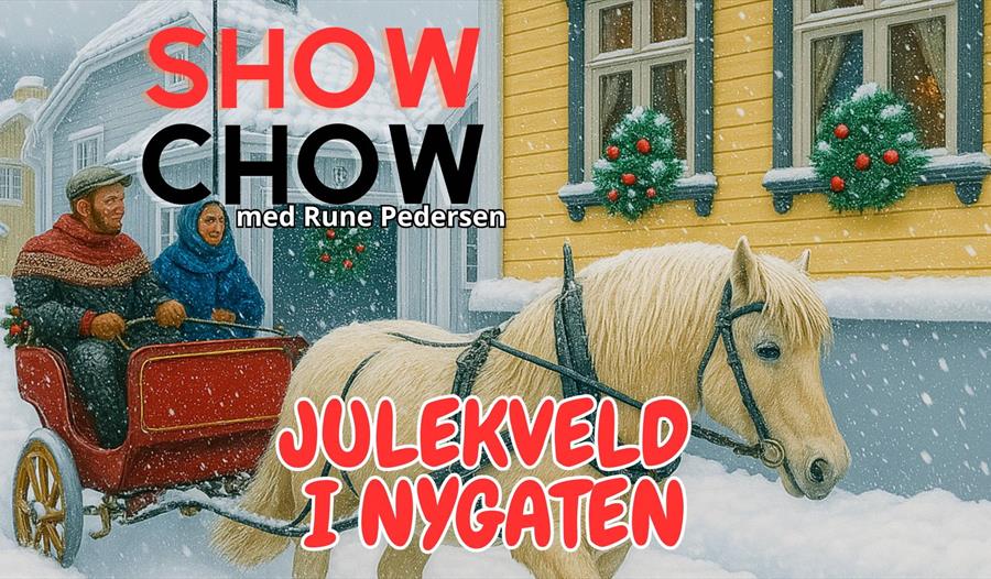 Plakat som viser hest og kjerre og annonserer for forestillingen Julekveld i Nygaten av Show Chow